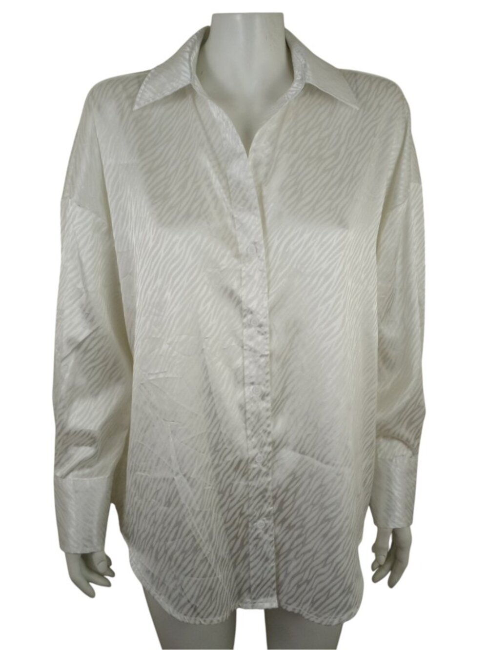 Glam Ivory Satin Tiger Stripe Blouse Shirt Womens S Long Sleeve Button Up